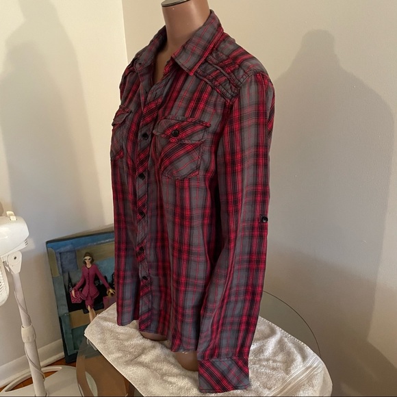 Carbon Classic Fit Red Grey Plaid Button Long Sleeve Shirt - Picture 4 of 10